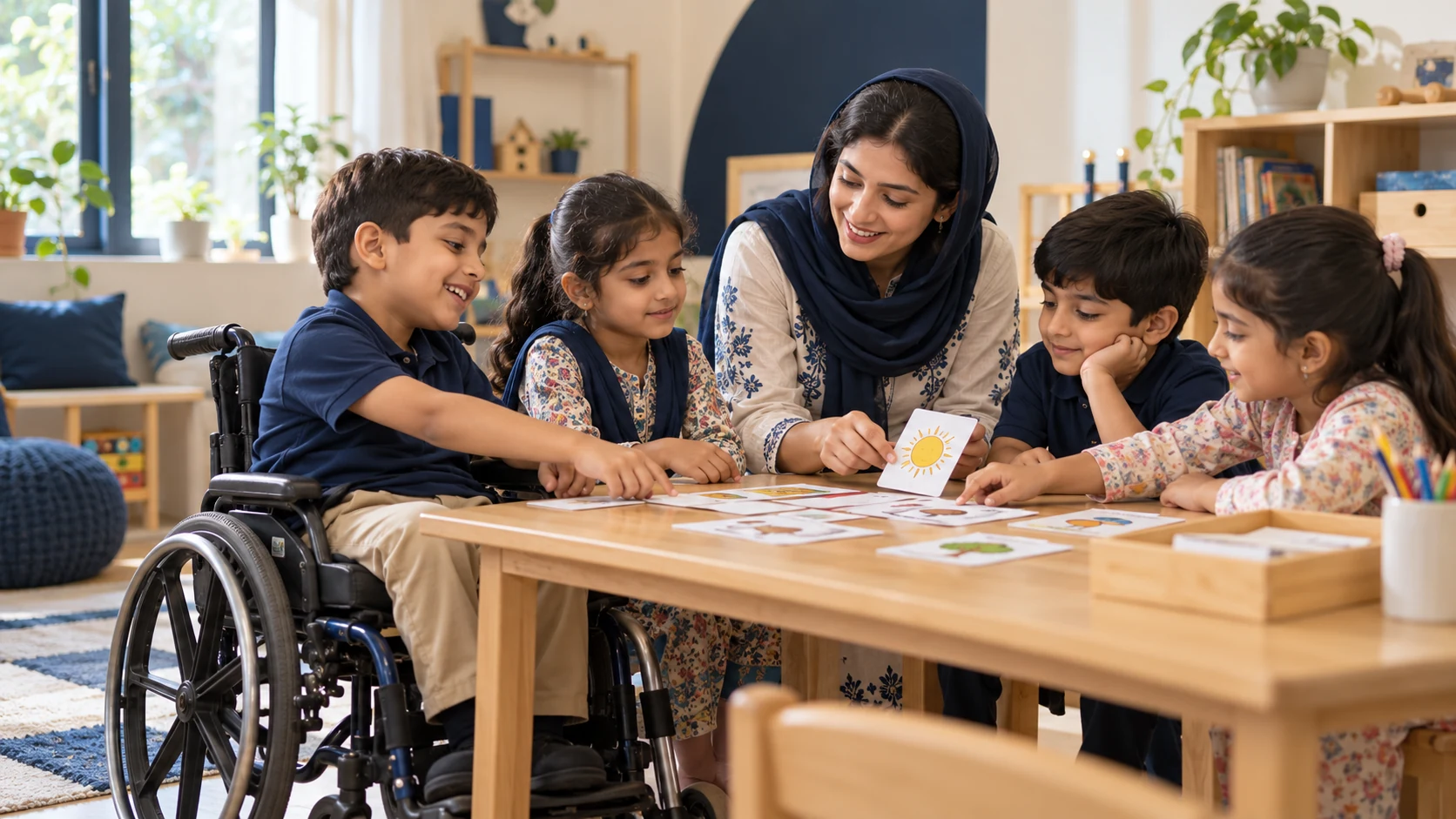 Illustrative Pakistani educator supporting children, including a wheelchair user, in an inclusive early-learning classroom