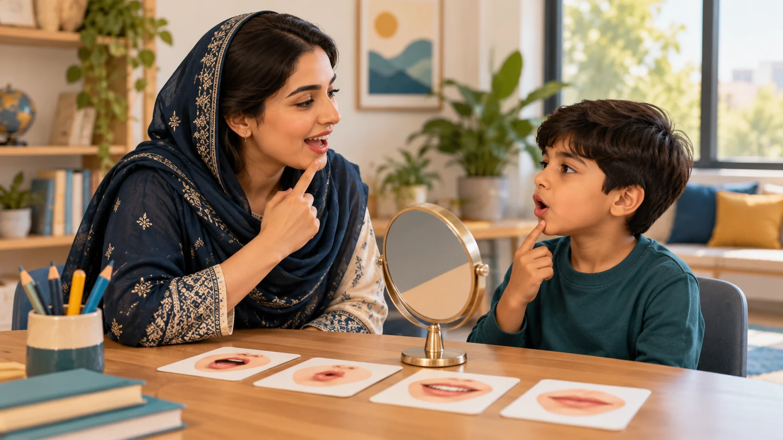 Illustrative speech therapist and child practising speech with a small mirror and picture cards