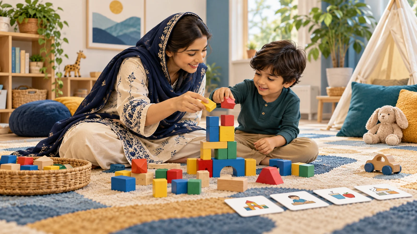 Illustrative therapist and child sharing a block-building activity with visual routine cards